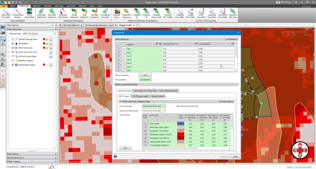 GeoSTORM automated runoff coefficient (RC) and curve number (CN) calculation interface showing land use–based parameter tables and color-coded GIS surfaces, illustrating instant computation of hydrologic parameters such as CN, imperviousness, and infiltration values for accurate stormwater modeling.