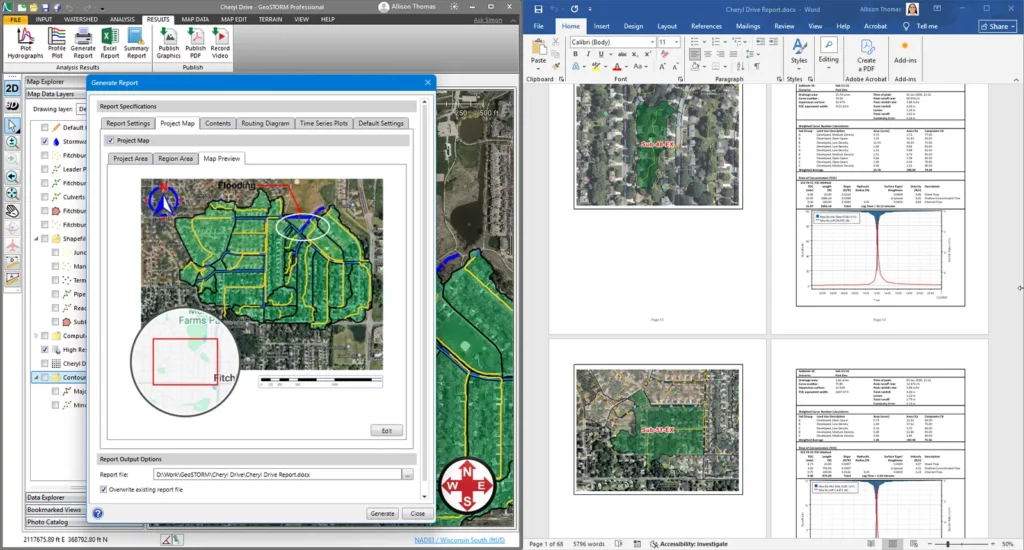 GeoSTORM automated reporting workflow showing report generation within the software alongside a populated Microsoft Word document, illustrating elimination of manual copy-paste by automatically updating reports with current model data, maps, tables, and graphs.