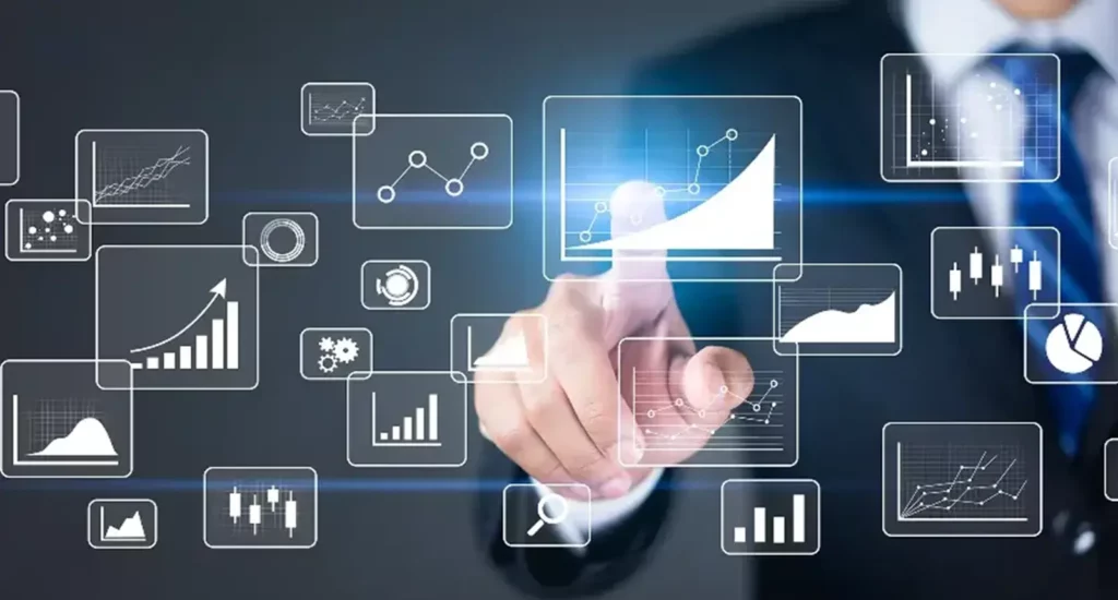 Professional report generation concept image showing a business professional interacting with digital charts and analytics icons, representing automated creation of polished, agency-ready stormwater reports in Microsoft Word and Excel with comprehensive, formatted results.
