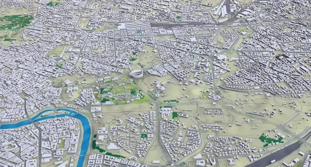 Stormwater project visualization overlaid on Google Maps and high-resolution aerial imagery for real-world site analysis.