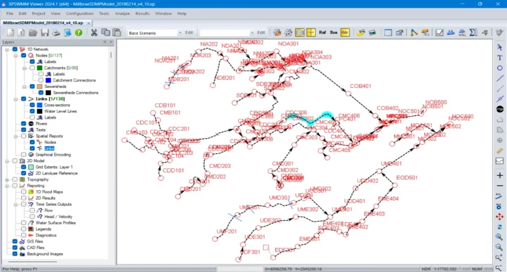 XPSWMM drainage network model imported into GeoSTORM, showing pipe networks, catchments, and preserved stormwater design parameters.