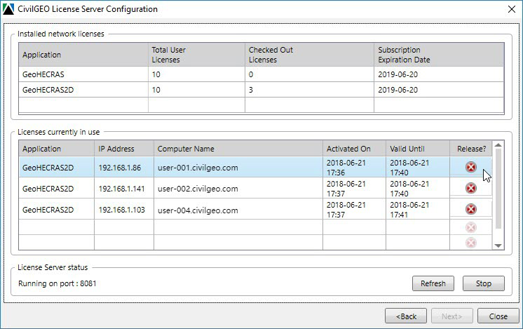 CivilGEO License Server Configuration-Installed Network Licenses